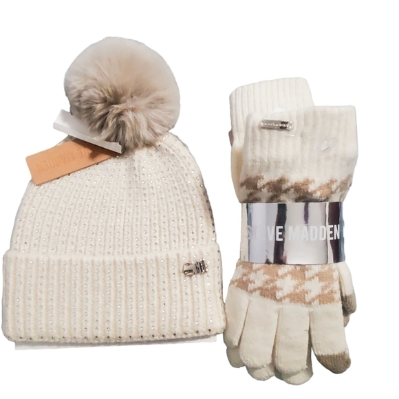 Steve Madden Accessories - STEVE Madden Crystal Embellished Light Cream Knit Faux Winter Fall Beanie/gloves